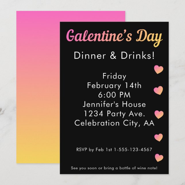 Convite Jantar de Drinks no Dia das Galentines Rosa e Pret (Frente/Verso)
