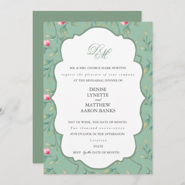 Convite Jantar de ensaio Cameo Green e Basil Green (Frente/Verso)