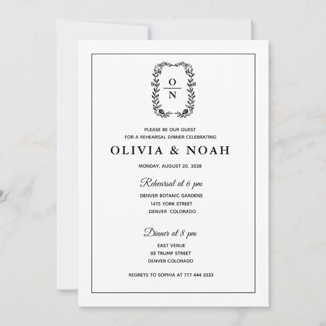 CONVITE JANTAR DE ENSAIO CLÁSSICO ELEGANTE PRETO E BRANCO (Frente)