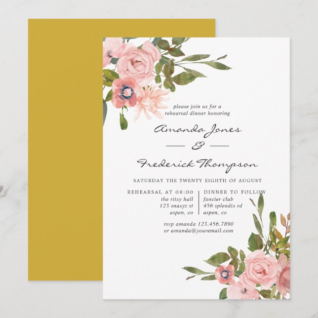 Convite Jantar de ensaio com aguarela floral Beige e Doura (Frente/Verso)