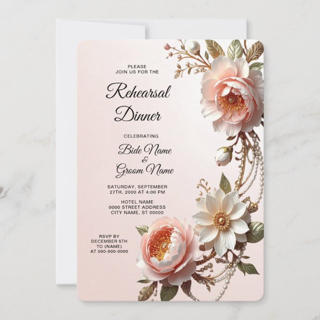 Convite Jantar de Ensaio com Flores Decorativas Rosa e Bra (Frente)