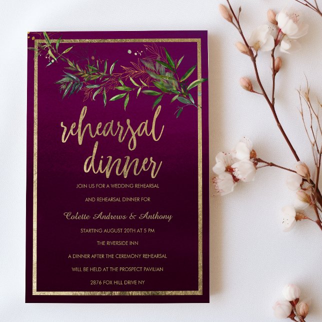 Convite Jantar de ensaio com folhagem verde dourada ombre  (Burgundy ombre green gold foliage Rehearsal Dinner )
