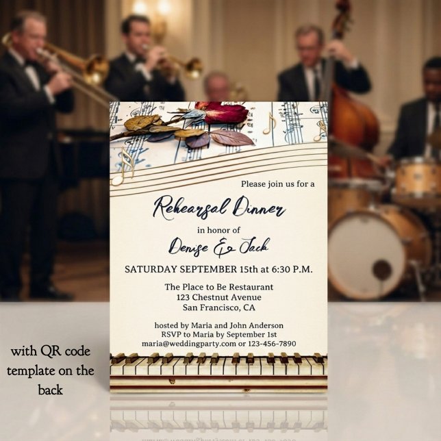 Convite Jantar de Ensaio com Tema de Música Romântica Retr (Elegant retro music themed wedding rehearsal dinner invitation with roses and a piano keyboard)