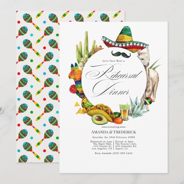 Convite Jantar de ensaio da festa mexicana em aquarela (Frente/Verso)