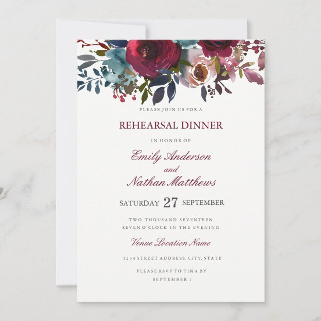 Convite Jantar de Ensaio de Casamento Aquarela Borgonha (Frente)