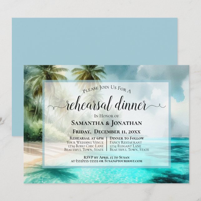 Convite Jantar de Ensaio de Casamento Aquarela Praia Tropi (Frente/Verso)