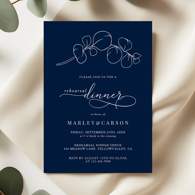 Convite Jantar de Ensaio de Casamento Azul Marinho Elegant (Criador carregado)