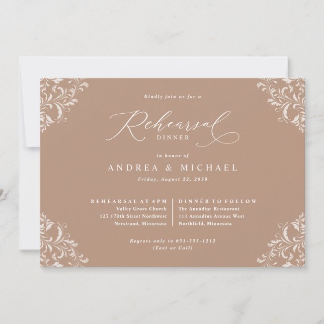 Convite Jantar de Ensaio de Casamento Bege Taupe Elegante (Frente)