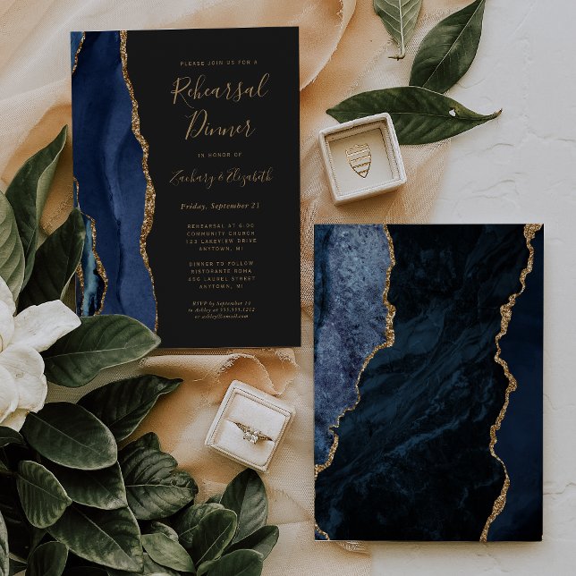 Convite Jantar de ensaio de casamento Blue Gold Agate Dark (Criador carregado)
