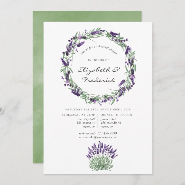 Convite Jantar de Ensaio de Casamento com Aquarela Lavanda (Frente/Verso)