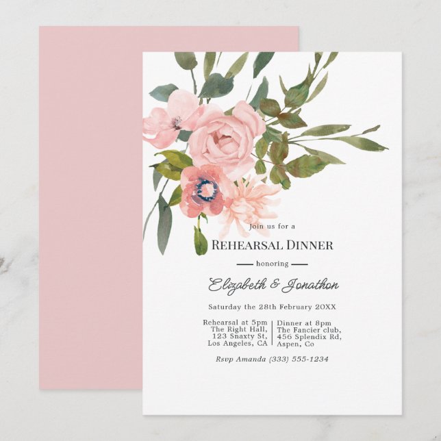Convite Jantar de Ensaio de Casamento com Aquarela Rosa Be (Frente/Verso)