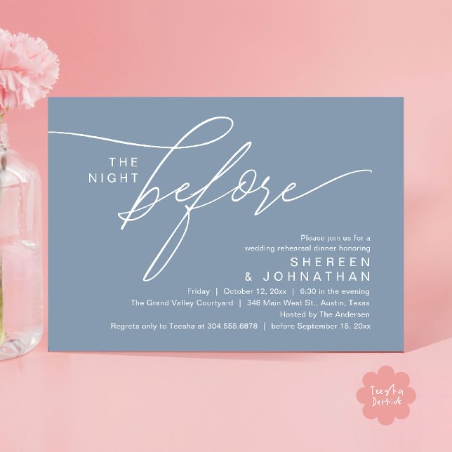 Convite Jantar de Ensaio de Casamento com Elegante Roteiro (Elegant Script Wedding Rehearsal Dinner Invitation Card in Dusty Blue)