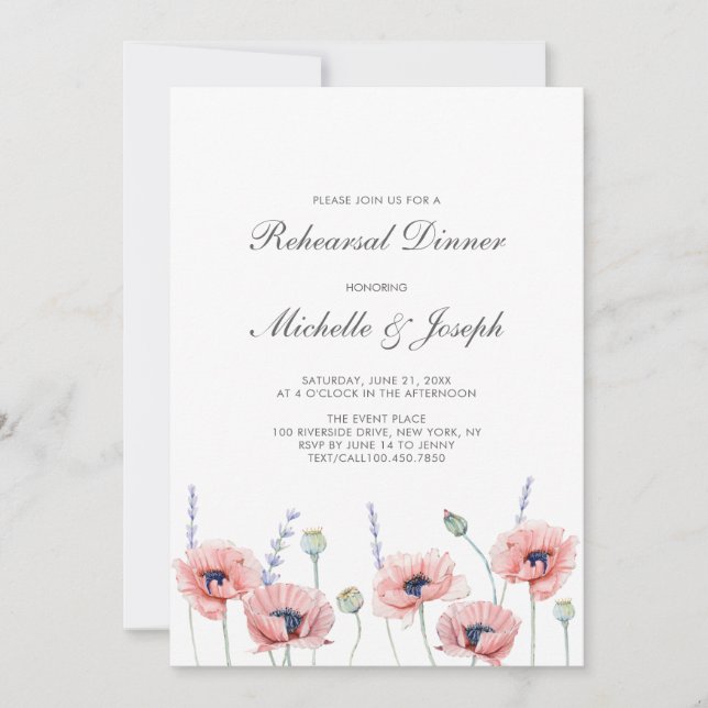 Convite Jantar de Ensaio de Casamento com Flor de Papoula (Frente)