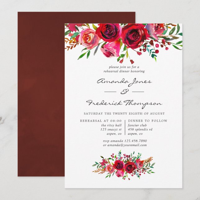 Convite Jantar de Ensaio de Casamento com Floral em Aquare (Frente/Verso)