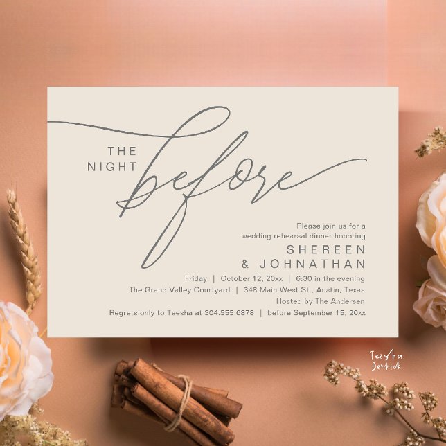 Convite Jantar de Ensaio de Casamento com Letra Elegante C (Elegant Script Wedding Rehearsal Dinner Invitation Card in Cream and Grey)