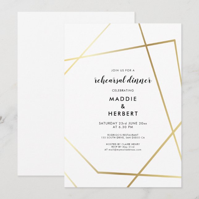 Convite Jantar de ensaio de casamento com moldura dourada  (Frente/Verso)