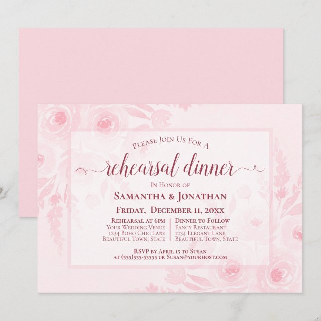 Convite Jantar de Ensaio de Casamento com Peônias em Aquar (Frente/Verso)