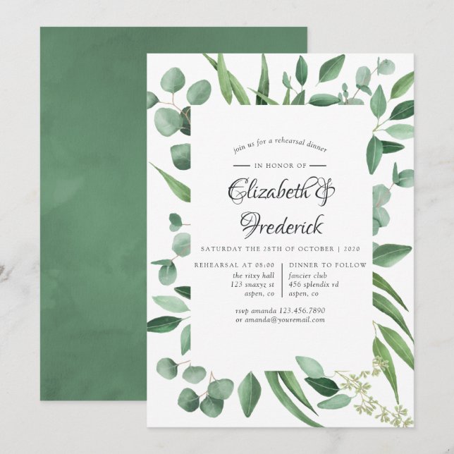 Convite Jantar de Ensaio de Casamento com Verde de Eucalip (Frente/Verso)