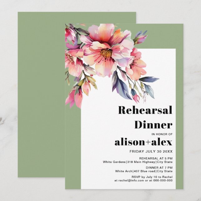 Convite Jantar de ensaio de casamento de flores de Rhodode (Frente/Verso)