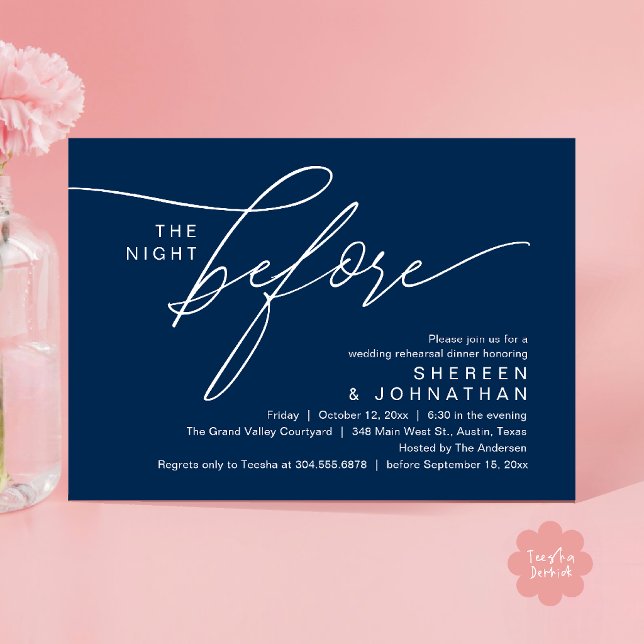 Convite Jantar de Ensaio de Casamento Elegante em Azul Mar (Elegant Script Wedding Rehearsal Dinner Invitation Card in Navy Blue)