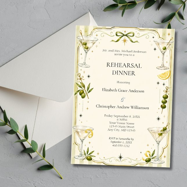 Convite Jantar de Ensaio de Casamento Elegante Martini Coc (Classic Chic Martini Cocktail Wedding Rehearsal dinner invitation)
