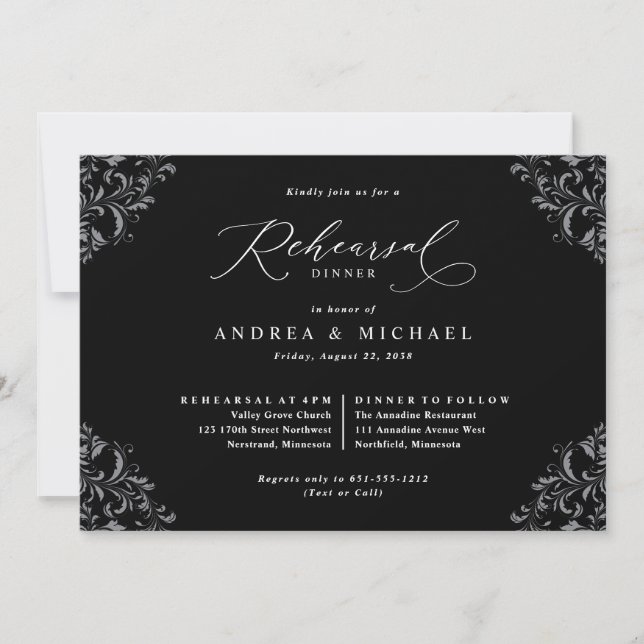 Convite Jantar de Ensaio de Casamento Elegante Preto e Bra (Frente)