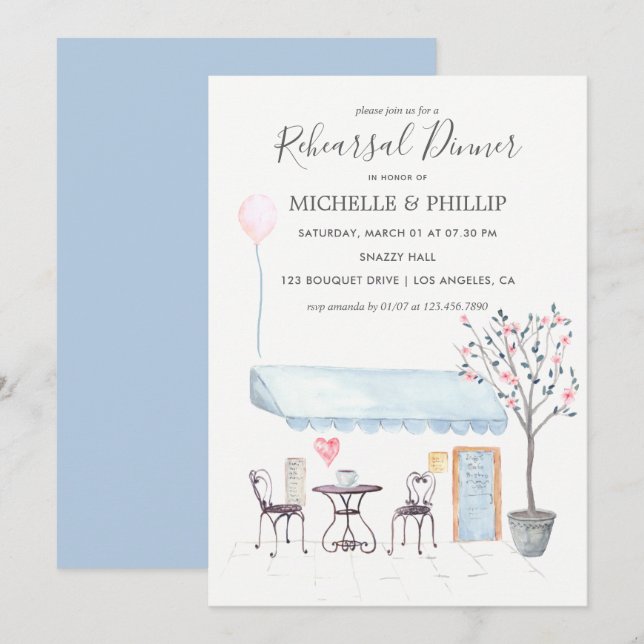 Convite Jantar de ensaio de casamento em Paris com floral  (Frente/Verso)