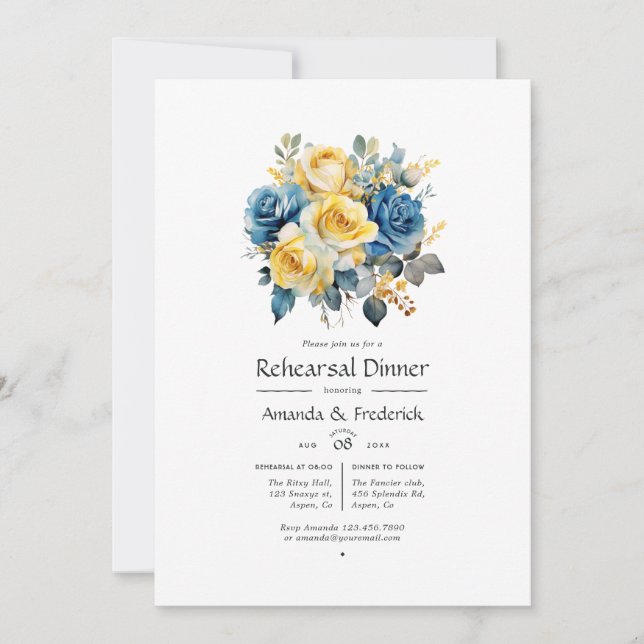 Convite Jantar de Ensaio de Casamento Floral Azul e Dourad (Frente)