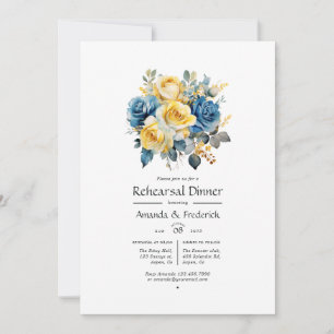 Convite Jantar de Ensaio de Casamento Floral Azul e Dourad