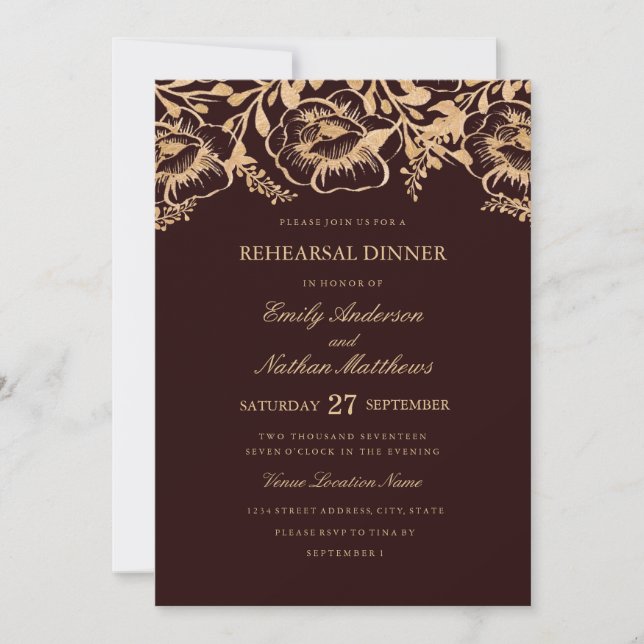 Convite Jantar de Ensaio de Casamento Floral Borgonha Dour (Frente)
