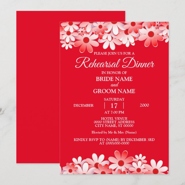 Convite Jantar de Ensaio de Casamento Floral Branco Vermel (Frente/Verso)
