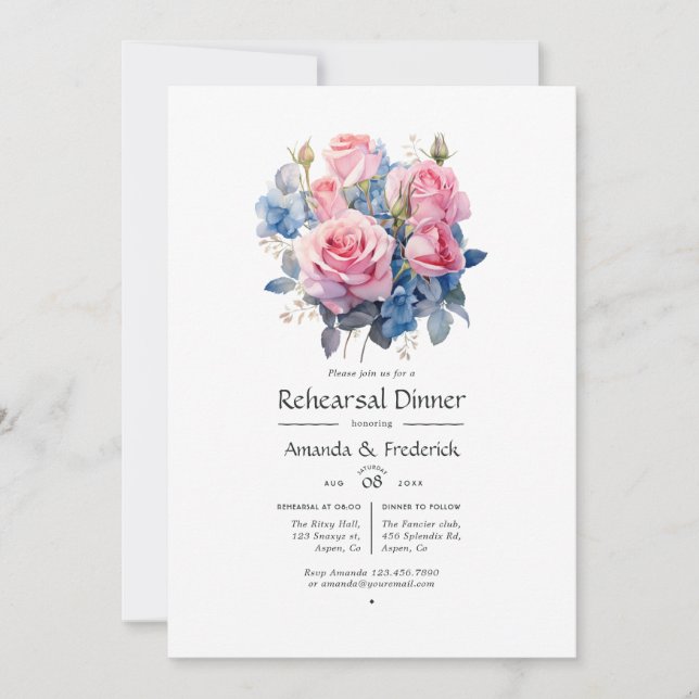 Convite Jantar de Ensaio de Casamento Floral Rosa e Azul (Frente)