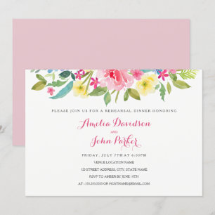 Convite Jantar de Ensaio de Casamento Floral Rosa em Aquar