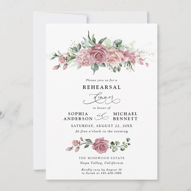 Convite Jantar de Ensaio de Casamento Floral Rosa Empoeira (Frente)