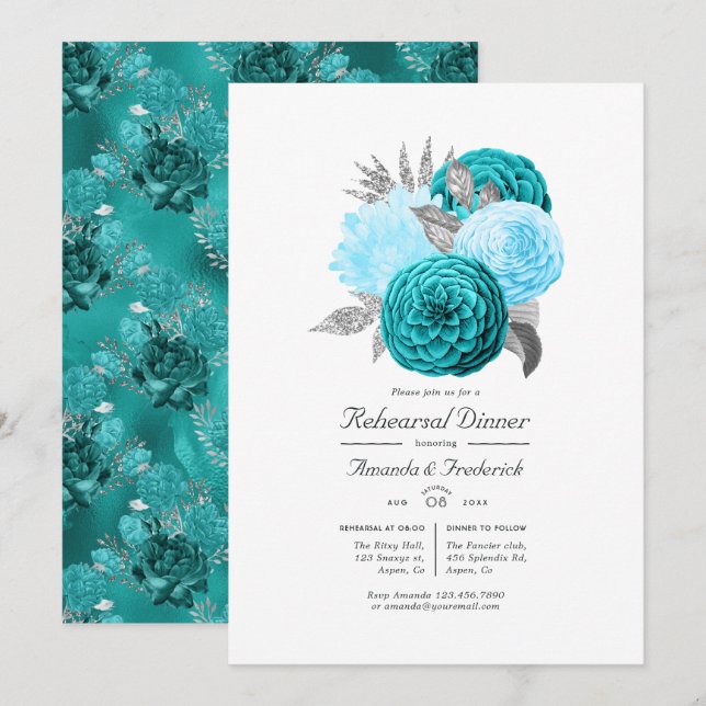 Convite Jantar de Ensaio de Casamento Floral Turquesa e Pr (Frente/Verso)