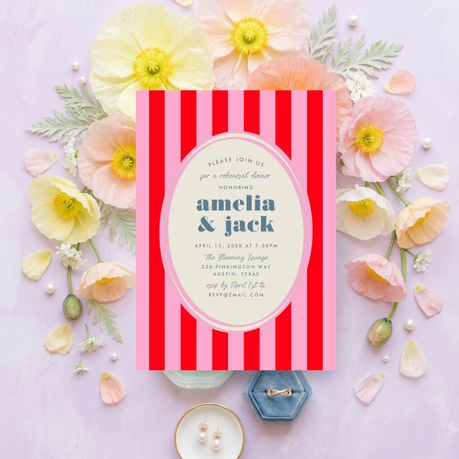 Convite Jantar de Ensaio de Casamento Listrado de Rosa Ver (Blooming Joy Floral Wedding Rehearsal Dinner Invitation)