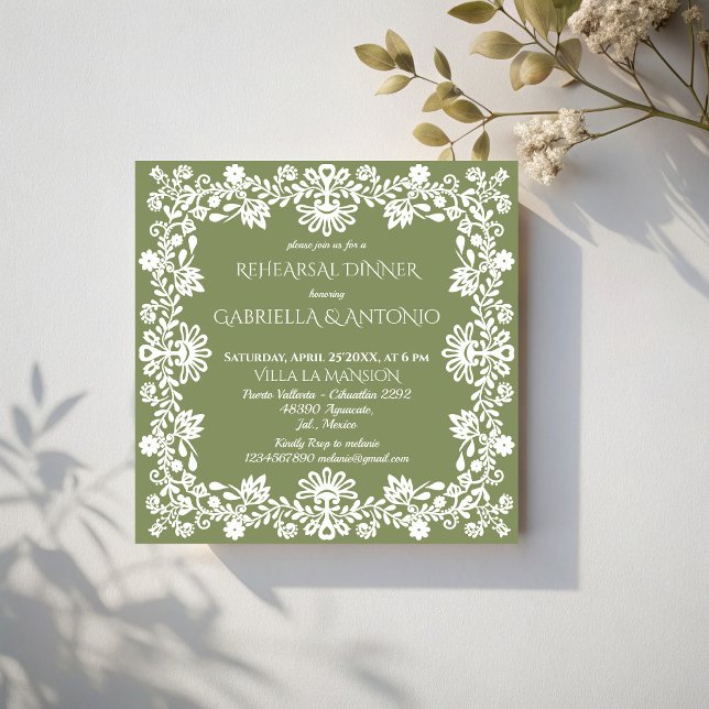 Convite jantar de ensaio de casamento mexicano verde sage  (Talavera sage green folk art Mexican wedding rehearsal dinner Invitation cards template)