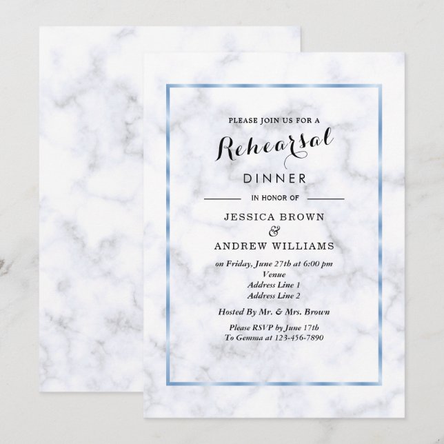 Convite Jantar de Ensaio de Casamento Romântico Azul Mármo (Frente/Verso)