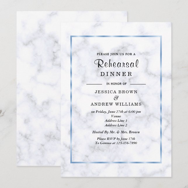 Convite Jantar de Ensaio de Casamento Romântico Azul Mármo (Frente/Verso)
