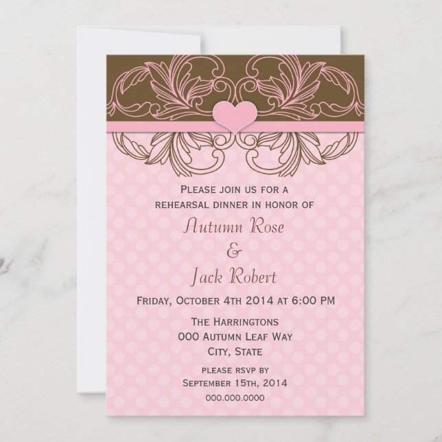 Convite Jantar de Ensaio de Casamento Rosa e Marrom (Frente)