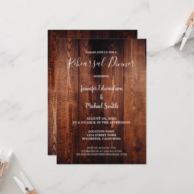 Convite Jantar de ensaio de casamento rústico em madeira d (Frente/Verso In Situ)