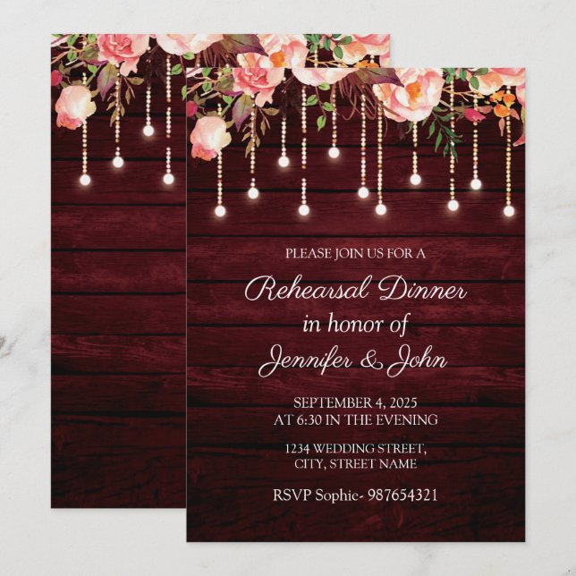 Convite Jantar de Ensaio de Casamento Rústico em Madeira M (Frente/Verso)