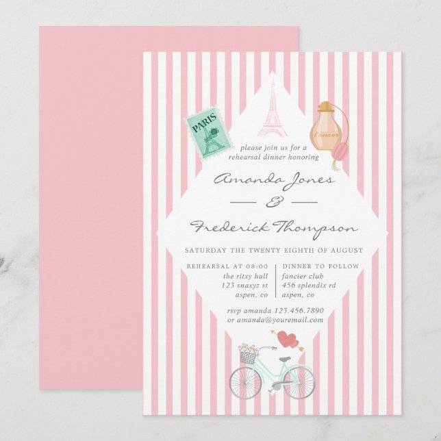 Convite Jantar de ensaio de casamento temático de Paris (Frente/Verso)