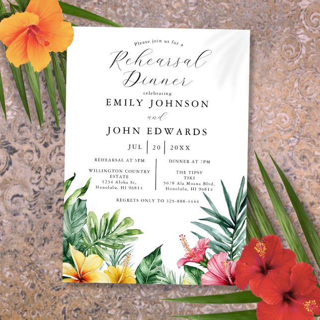 Convite Jantar de Ensaio de Flores Tropicais em Aquarela (Watercolor Tropical Flowers Rehearsal Dinner Invitation)