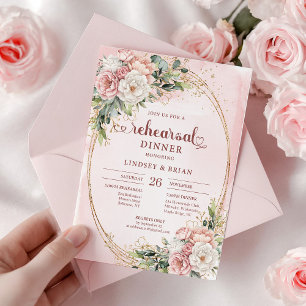 Convite Jantar de Ensaio de Noiva Floral em Dourado Rosado