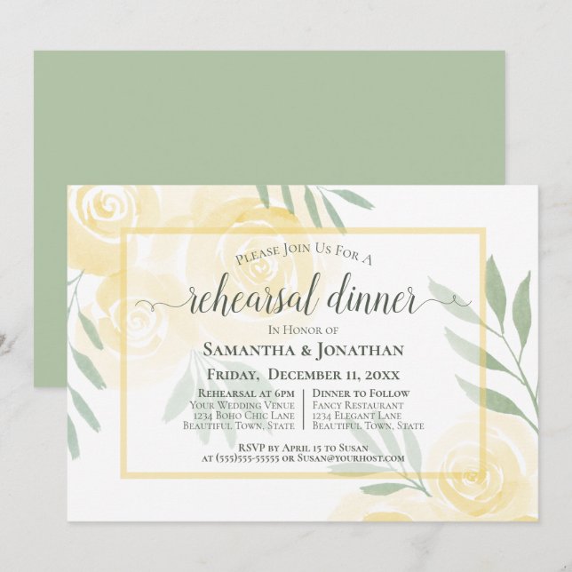 Convite Jantar de Ensaio de Noivado Boho Butter Yellow Ros (Frente/Verso)