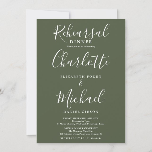 Convite Jantar de ensaio de Olive Green Signature Script (Frente)