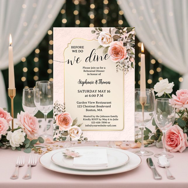 Convite Jantar de Ensaio de Rosas em Aquarela Romântica (Rehearsal dinner invitation featuring romantic watercolor roses in a blush pink retro style)