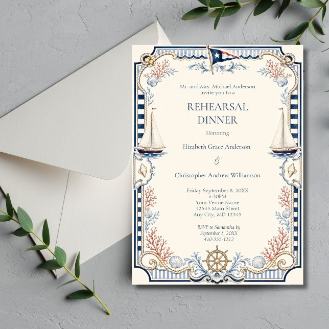 Convite Jantar de Ensaio do Clube Náutico de Iate Costeiro (Coastal Nautical Yacht Club Wedding Rehearsal Dinner invitation. Printed or Digital)