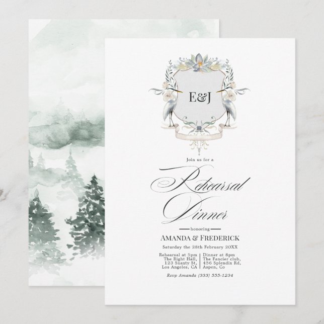 Convite Jantar de Ensaio do Monograma Lakeside Laurel Cres (Frente/Verso)
